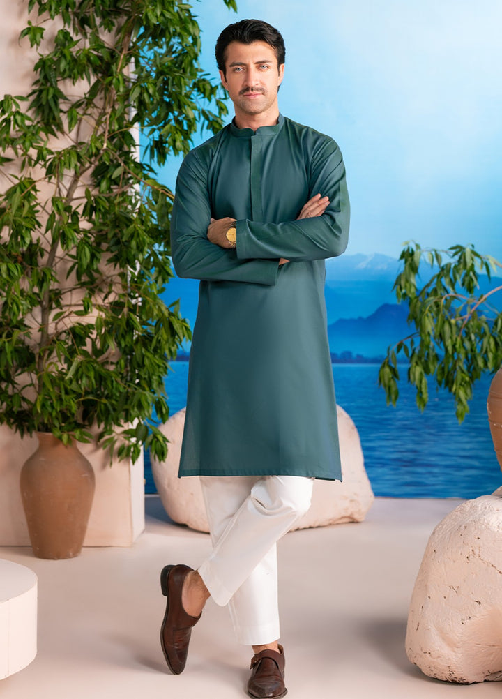 Divinely Crafted Mens RTW Cotton 2 Piece Suit Deep Pine Green Casual Collection