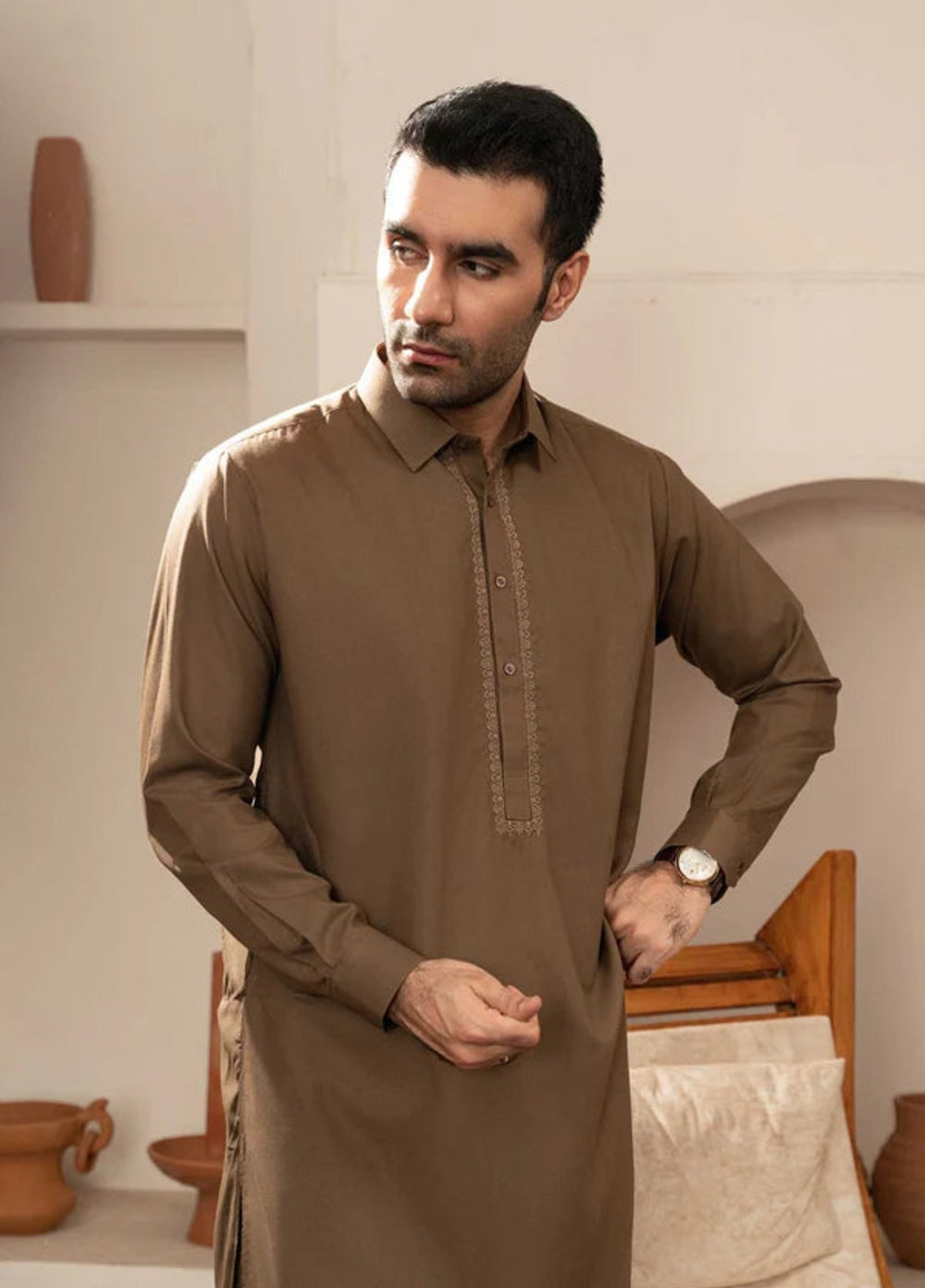 Farmanrawa by Buraq Mens RTW Embroidered Wash N Wear 2 Piece Suit Ameer Casual Collection