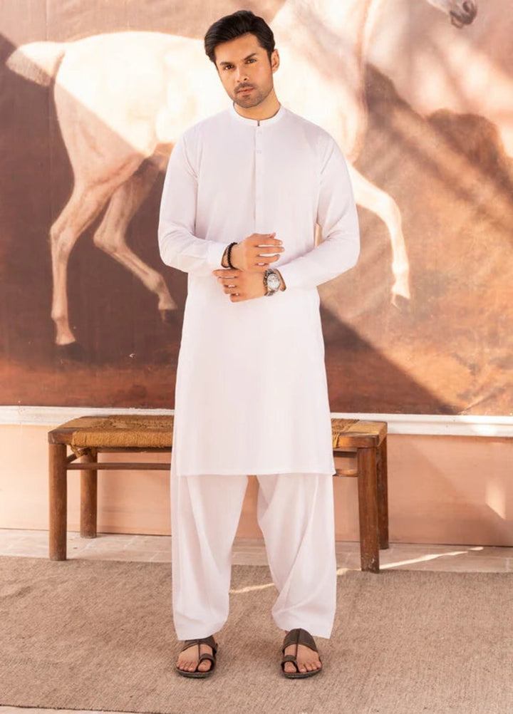 Alif by Buraq Mens RTW Solids Wash N Wear 2 Piece Suit White ban Casual Collection