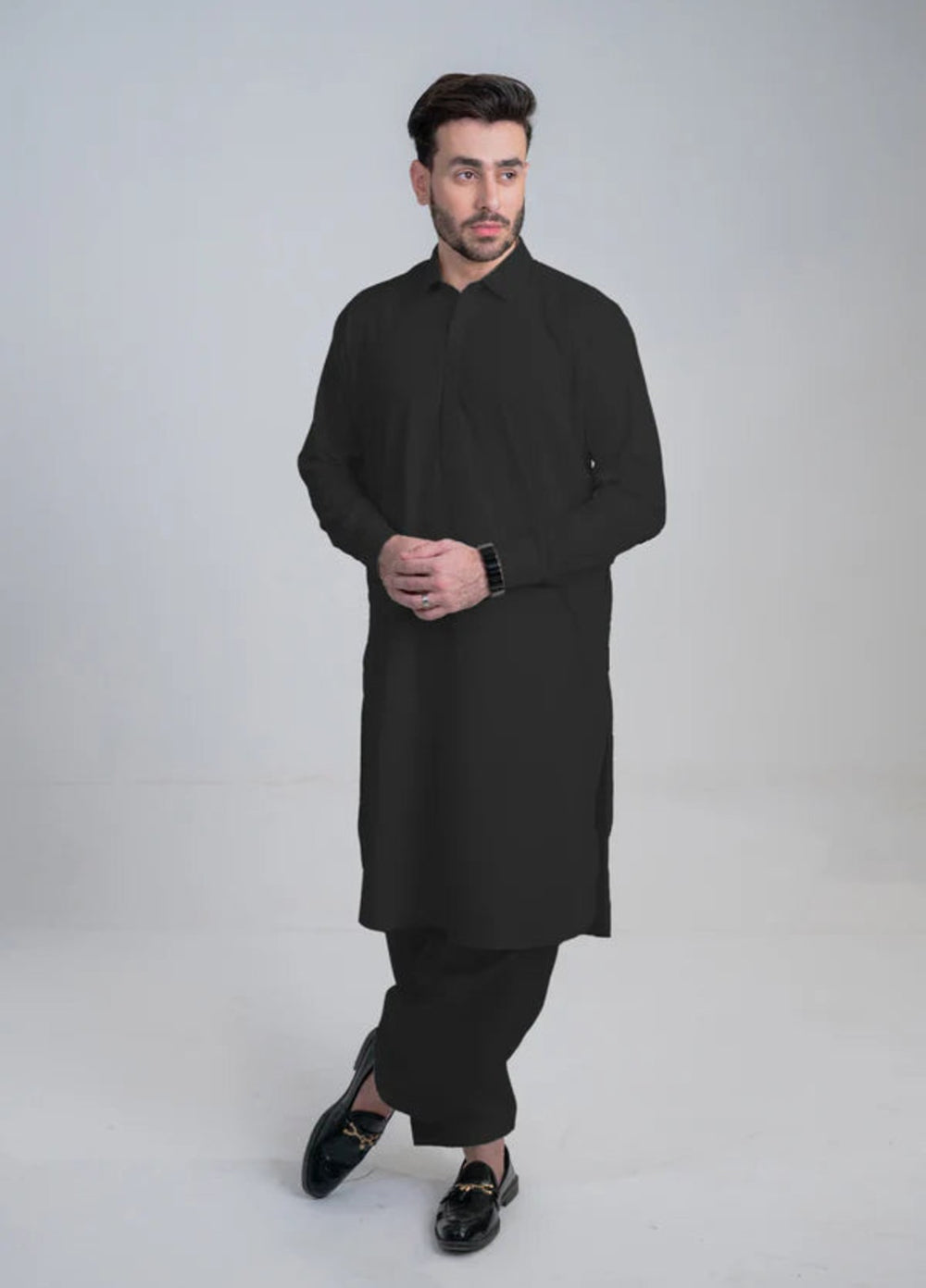 Alif by Buraq Mens RTW Solids Wash N Wear 2 Piece Suit Black Collar Casual Collection