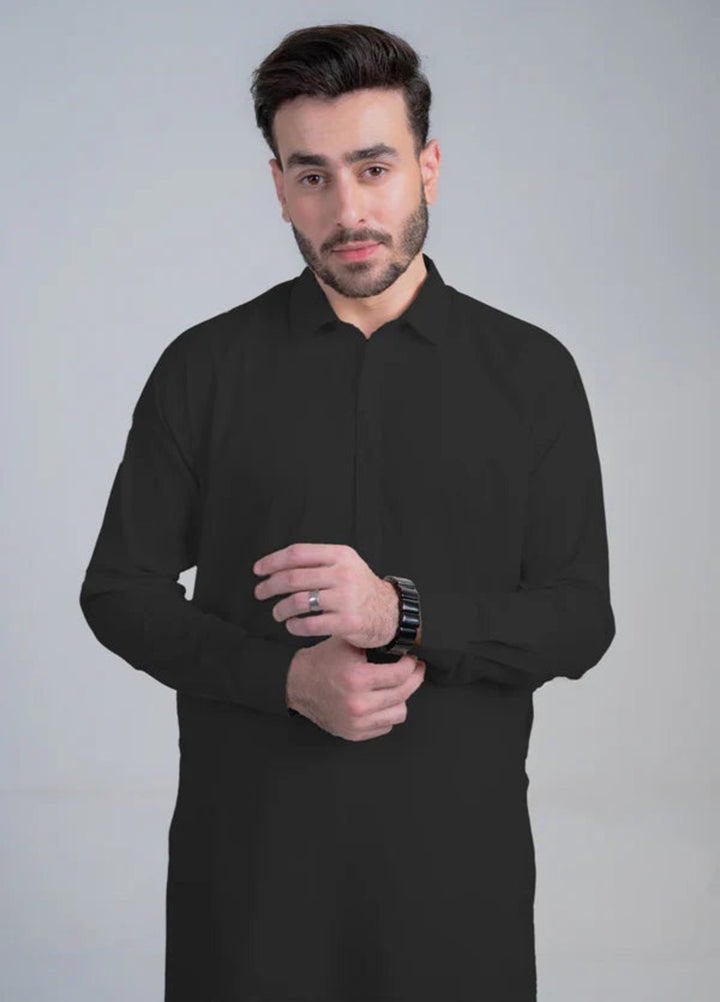 Alif by Buraq Mens RTW Solids Wash N Wear 2 Piece Suit Black Collar Casual Collection