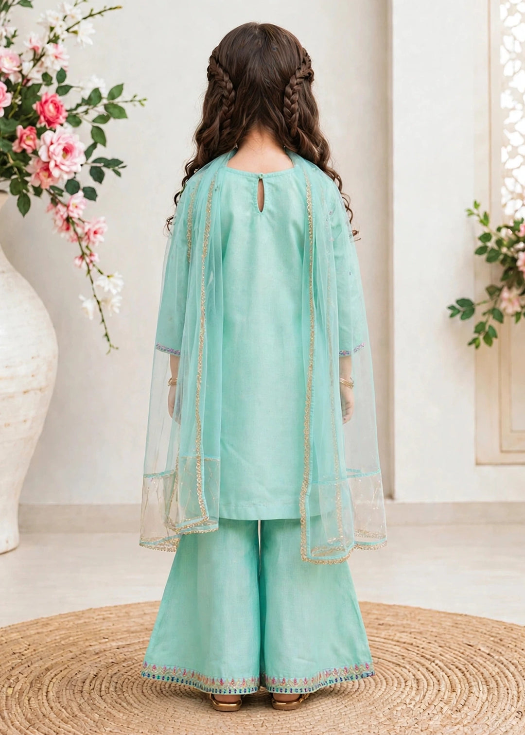 Modest Girls RTW Embroidered Lawn 3 Piece Suit Blue Gharara 11290-BLU Festive Collection