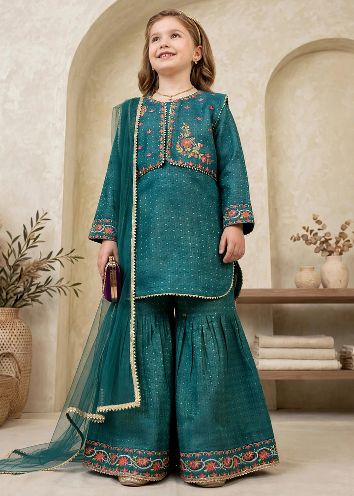 Modest Girls RTW Embroidered Lawn Cotton 4 Piece Suit Green Gharara 11150-GRN Festive Collection