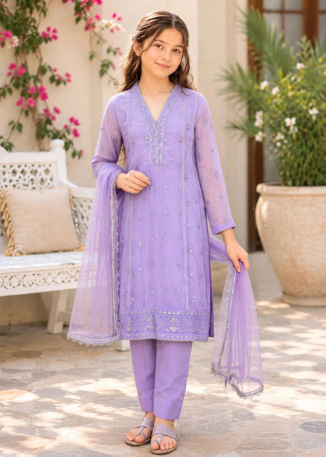 Modest Girls RTW Embroidered Crinkle 3 Piece Suit Purple 11115-LPUR Festive Collection