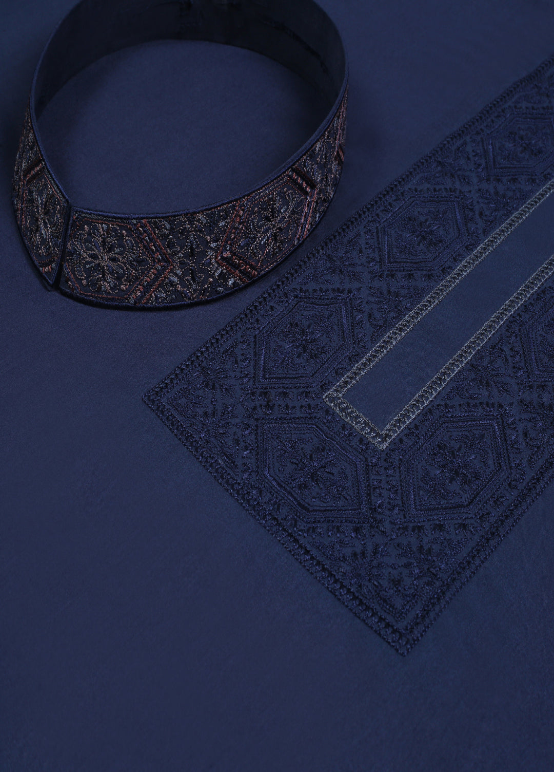 Monochrome by Fabrich Mens Unstitched Embroidered Wash N Wear 2 Piece Suit Navy Neckline-Bann Casual Collection