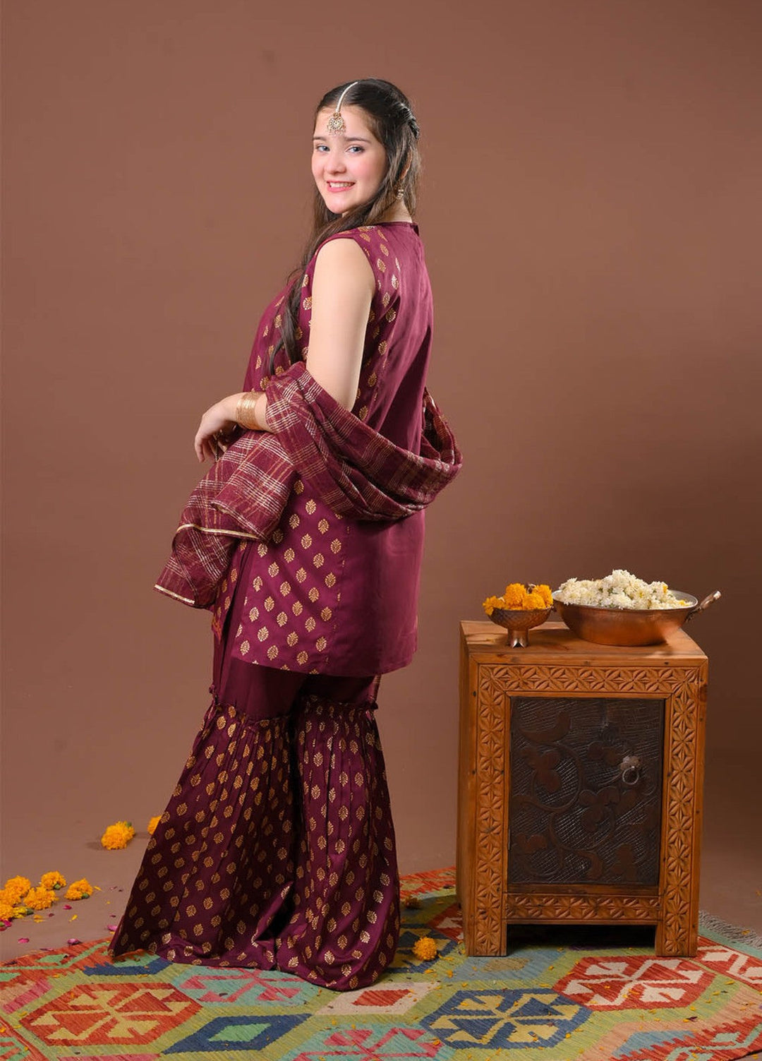 Senorita Girls RTW Printed Viscose Raw Silk 3 Piece Suit GDD-03256 - Festive Collection