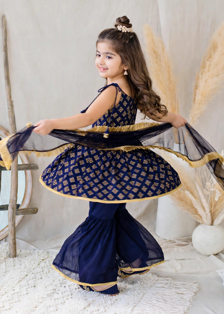 Modest Girls RTW Printed Raw Silk 3 Piece Suit Blue Festive Collection