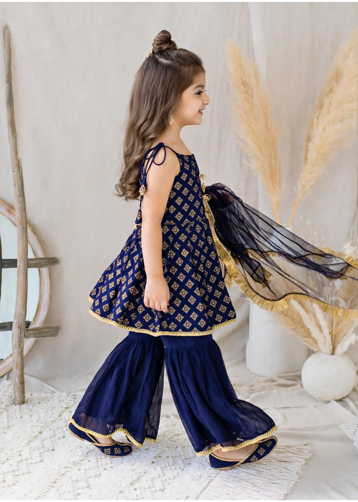 Modest Girls RTW Printed Raw Silk 3 Piece Suit Blue Festive Collection