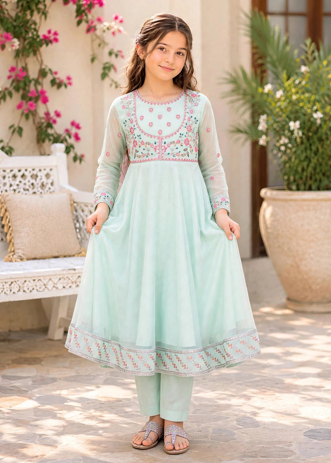 Modest Girls RTW Embroidered Crinkle 3 Piece Suit C-Blue Festive Collection