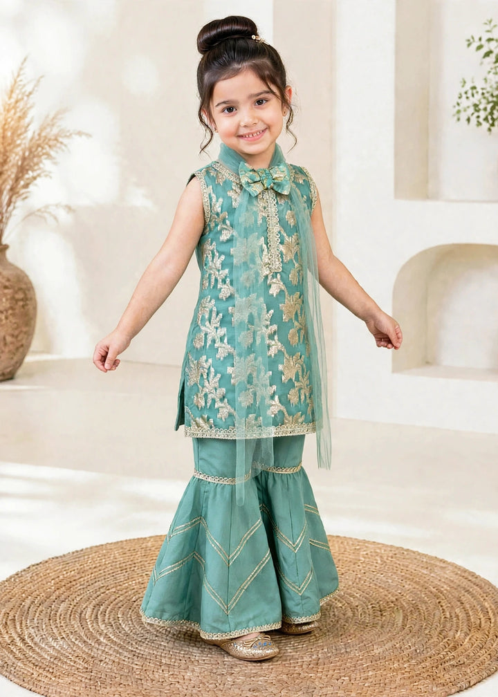 Modest Girls RTW Embroidered Banarsi 3 Piece Suit Green Festive Collection
