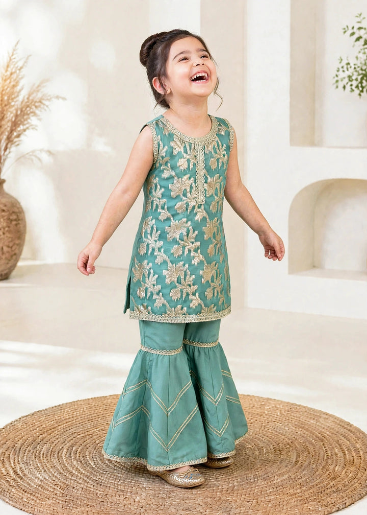 Modest Girls RTW Embroidered Banarsi 3 Piece Suit Green Festive Collection