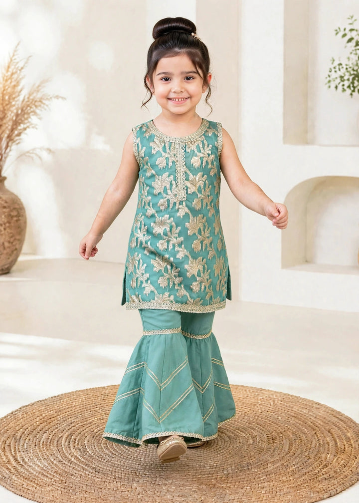 Modest Girls RTW Embroidered Banarsi 3 Piece Suit Green Festive Collection