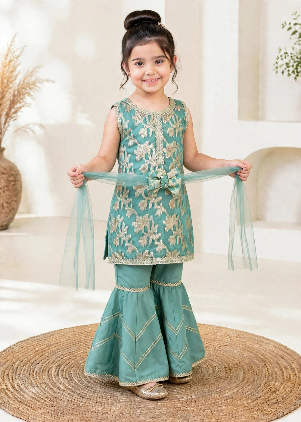 Modest Girls RTW Embroidered Banarsi 3 Piece Suit Green Festive Collection