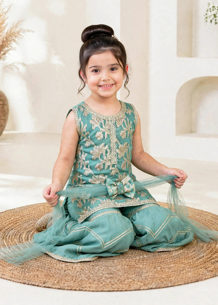 Modest Girls RTW Embroidered Banarsi 3 Piece Suit Green Festive Collection