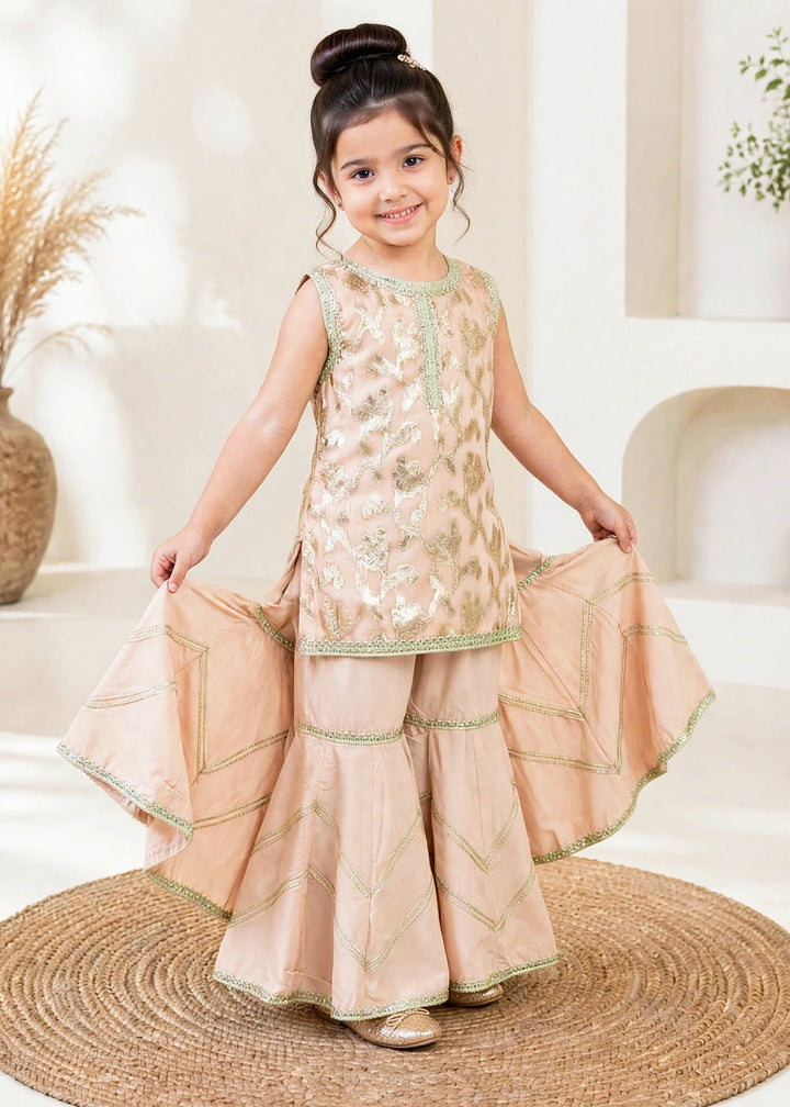 Modest Girls RTW Embroidered Banarsi 3 Piece Suit Peach Festive Collection