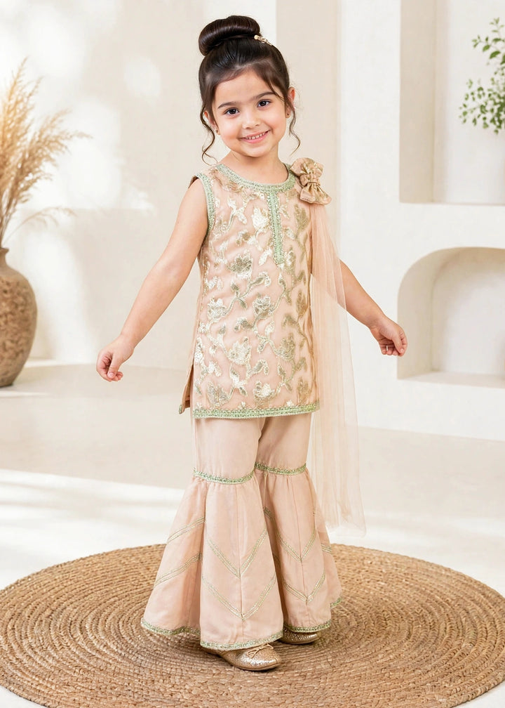 Modest Girls RTW Embroidered Banarsi 3 Piece Suit Peach Festive Collection