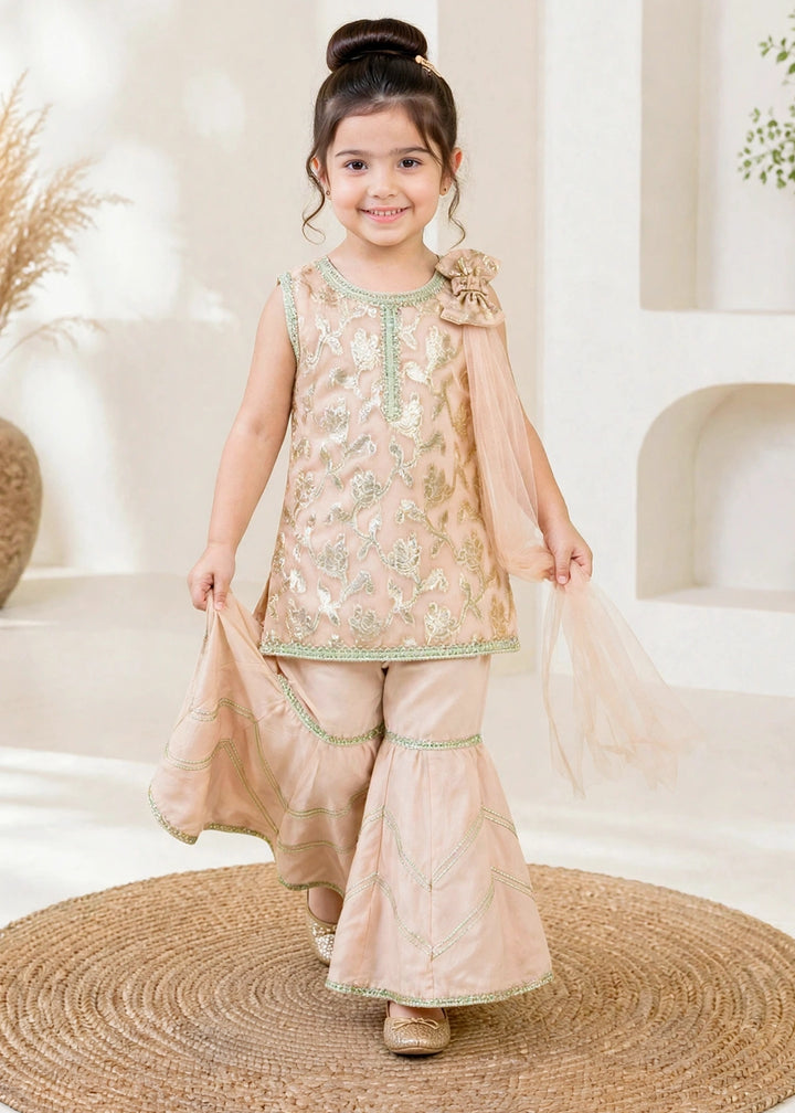 Modest Girls RTW Embroidered Banarsi 3 Piece Suit Peach Festive Collection