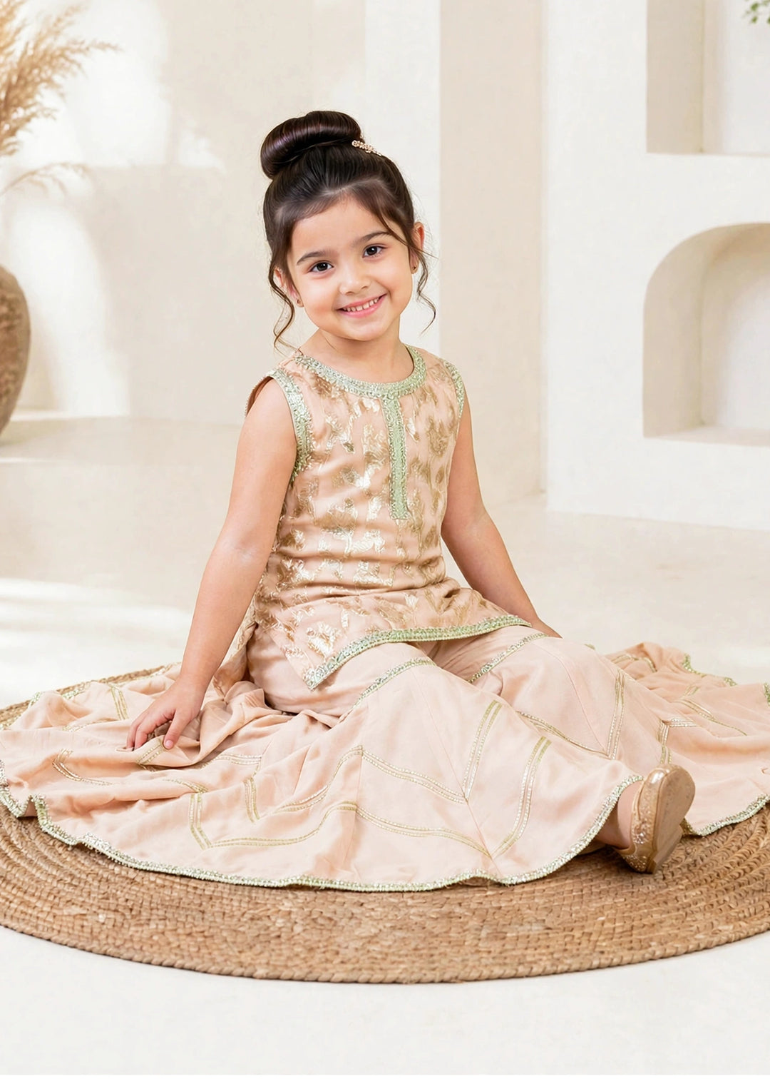 Modest Girls RTW Embroidered Banarsi 3 Piece Suit Peach Festive Collection