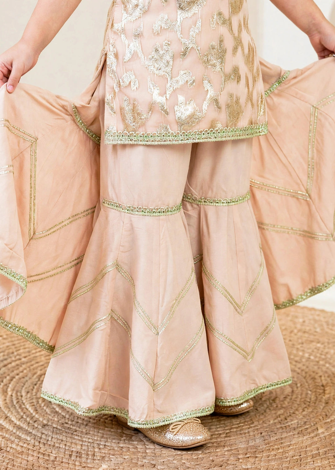 Modest Girls RTW Embroidered Banarsi 3 Piece Suit Peach Festive Collection