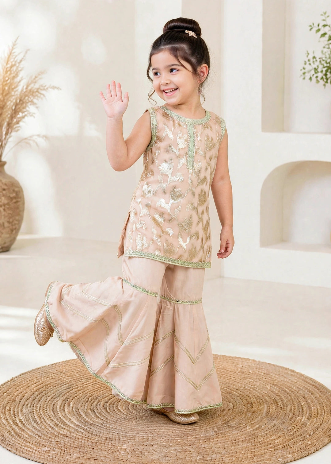 Modest Girls RTW Embroidered Banarsi 3 Piece Suit Peach Festive Collection