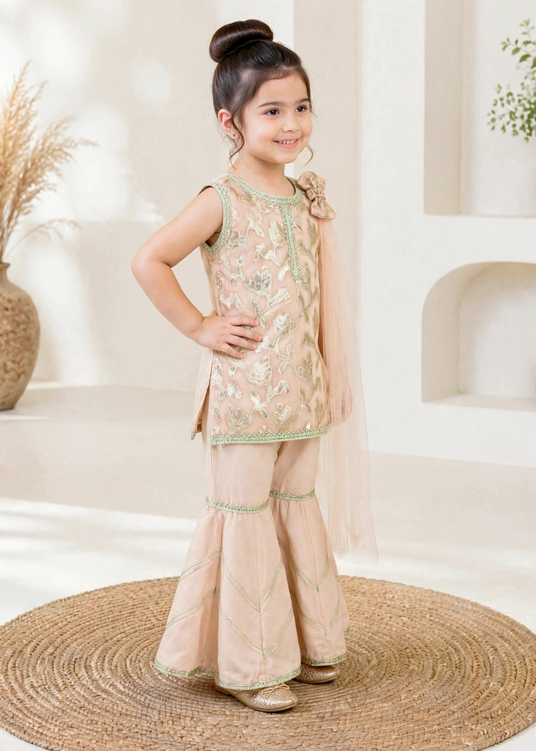Modest Girls RTW Embroidered Banarsi 3 Piece Suit Peach Festive Collection