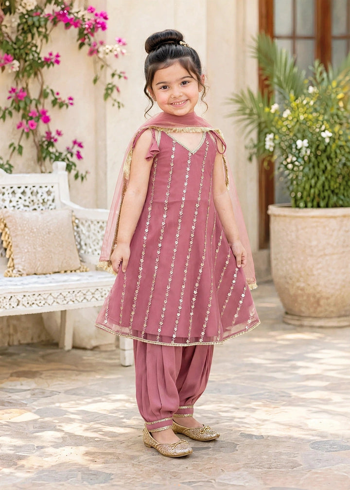 Modest Girls RTW Embroidered Net 3 Piece Suit Pink Frock Festive Collection
