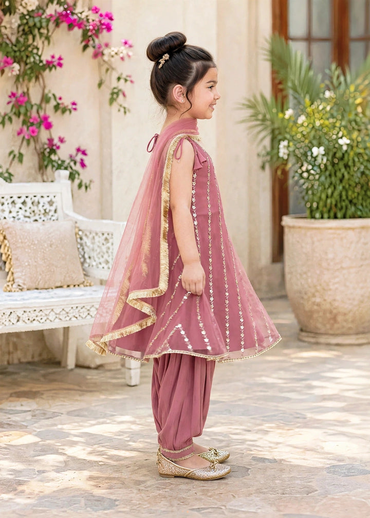 Modest Girls RTW Embroidered Net 3 Piece Suit Pink Frock Festive Collection