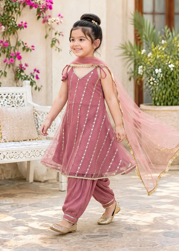 Modest Girls RTW Embroidered Net 3 Piece Suit Pink Frock Festive Collection