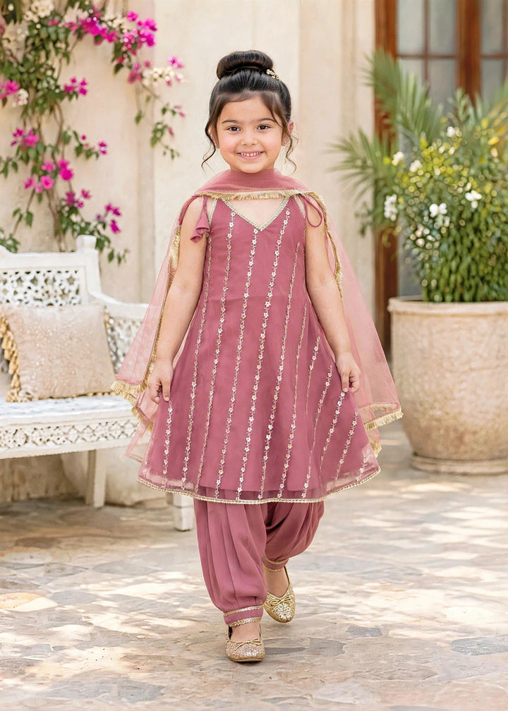 Modest Girls RTW Embroidered Net 3 Piece Suit Pink Frock Festive Collection