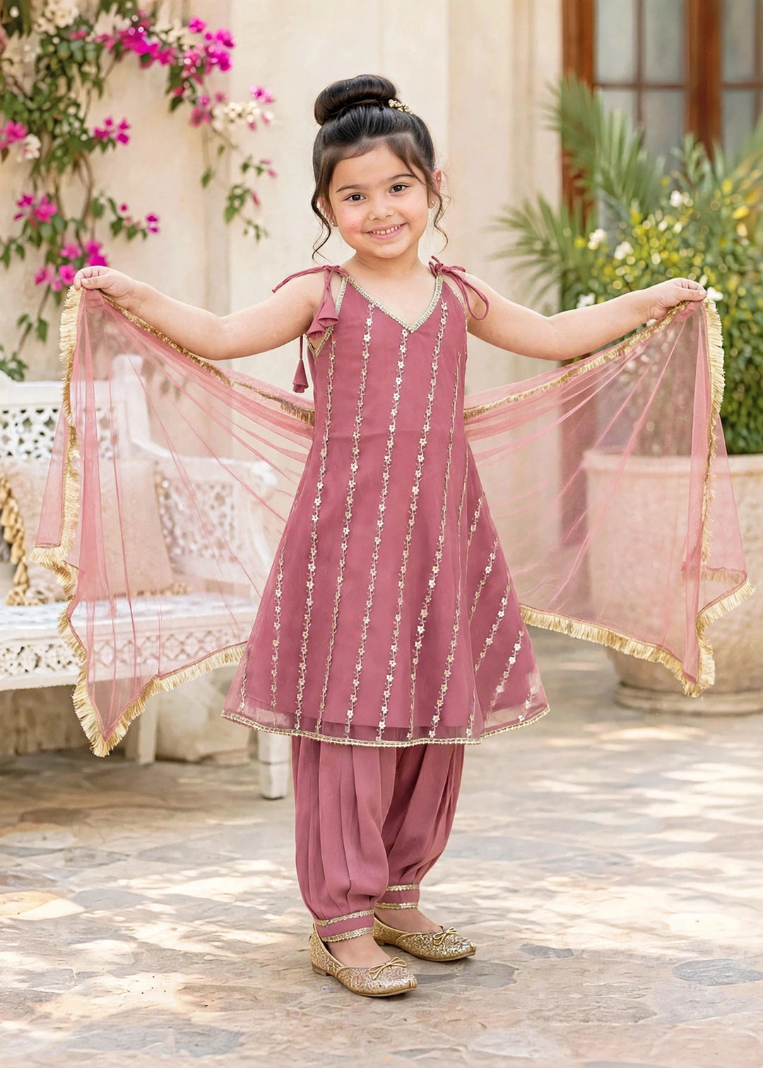 Modest Girls RTW Embroidered Net 3 Piece Suit Pink Frock Festive Collection