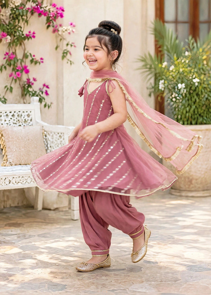 Modest Girls RTW Embroidered Net 3 Piece Suit Pink Frock Festive Collection