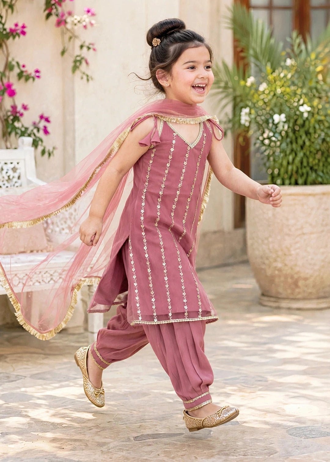 Modest Girls RTW Embroidered Net 3 Piece Suit Pink Frock Festive Collection