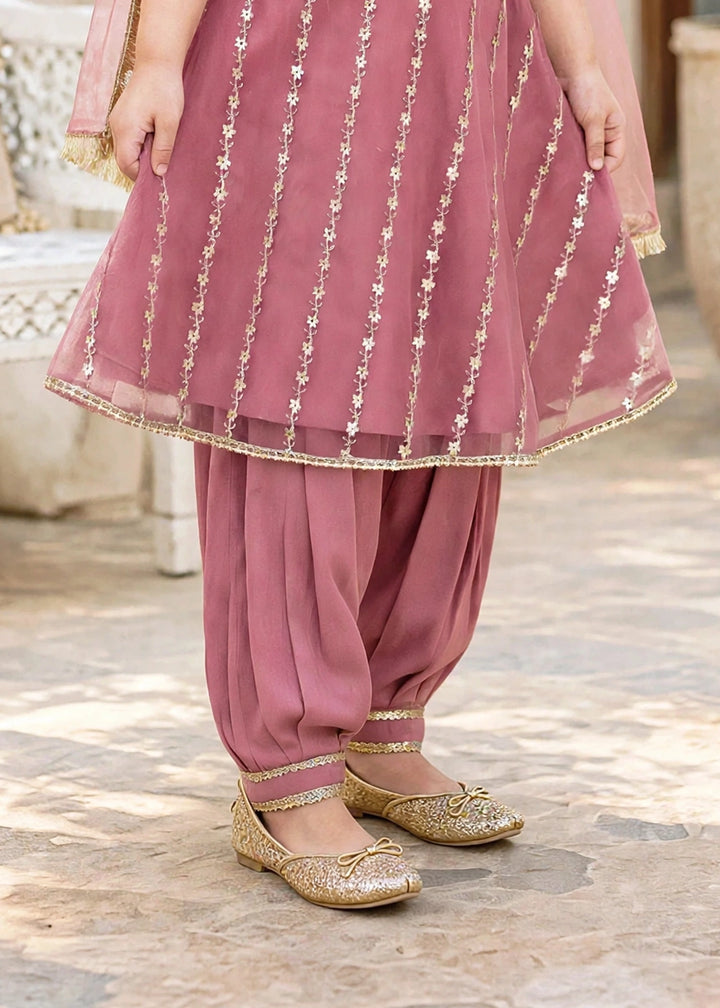 Modest Girls RTW Embroidered Net 3 Piece Suit Pink Frock Festive Collection