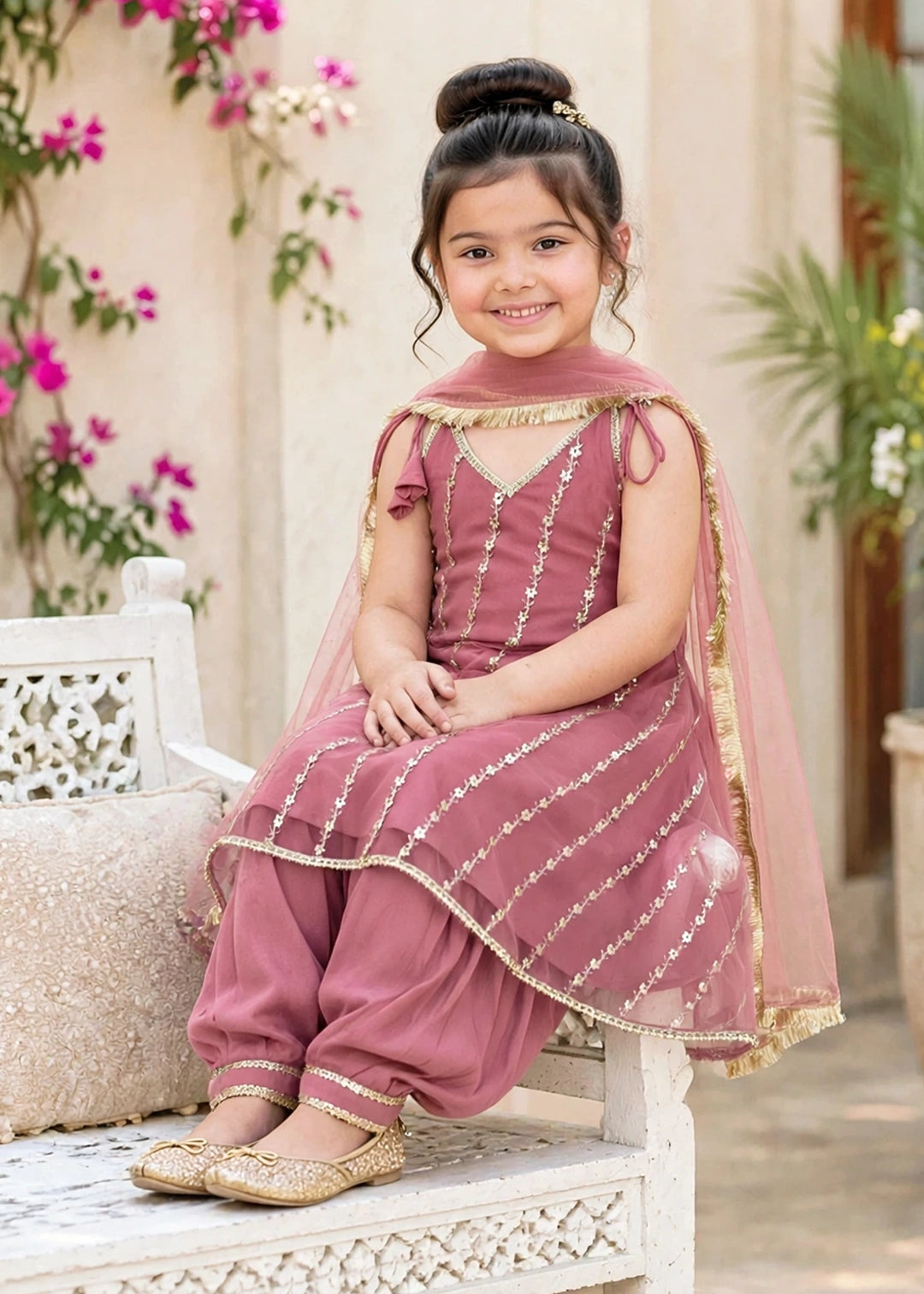 Modest Girls RTW Embroidered Net 3 Piece Suit Pink Frock Festive Collection