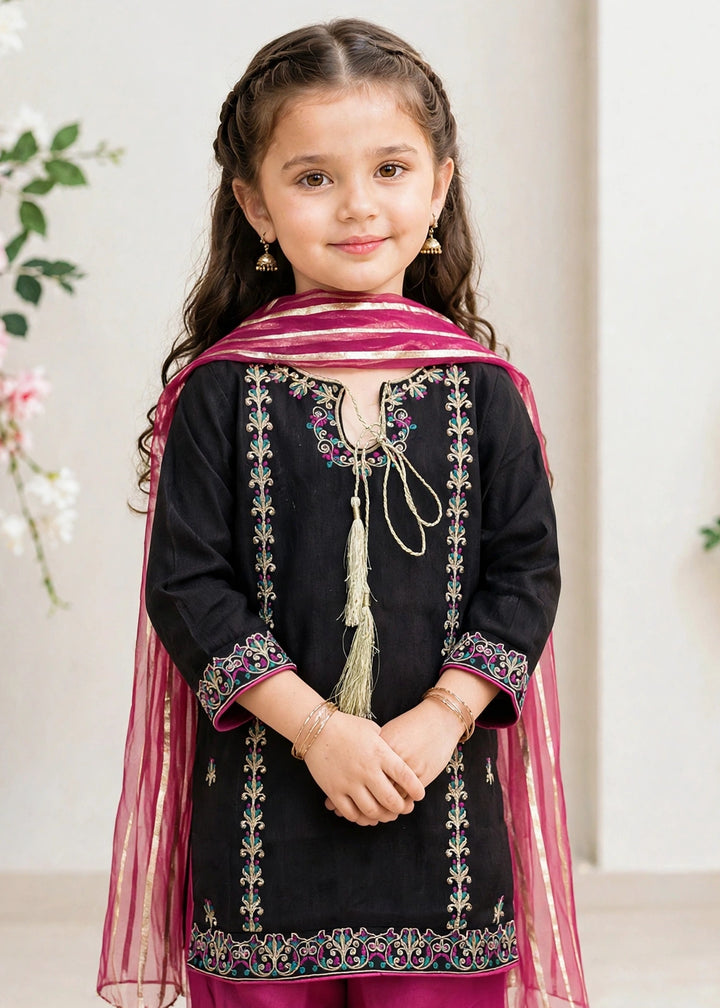 Modest Girls RTW Embroidered Raw Silk 3 Piece Suit Black Festive Collection