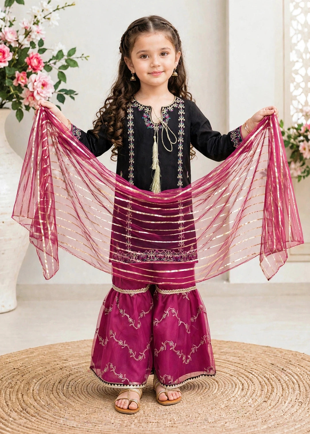 Modest Girls RTW Embroidered Raw Silk 3 Piece Suit Black Festive Collection