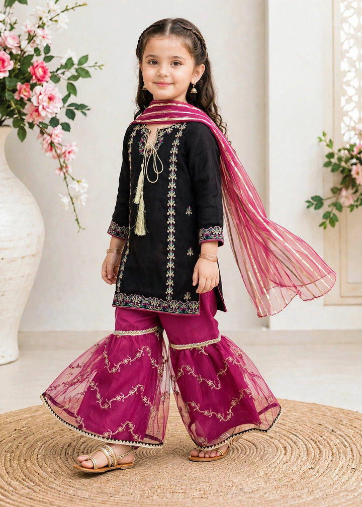 Modest Girls RTW Embroidered Raw Silk 3 Piece Suit Black Festive Collection