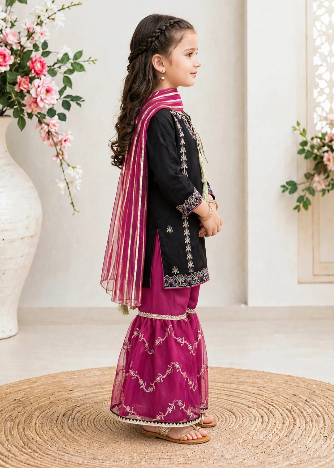 Modest Girls RTW Embroidered Raw Silk 3 Piece Suit Black Festive Collection