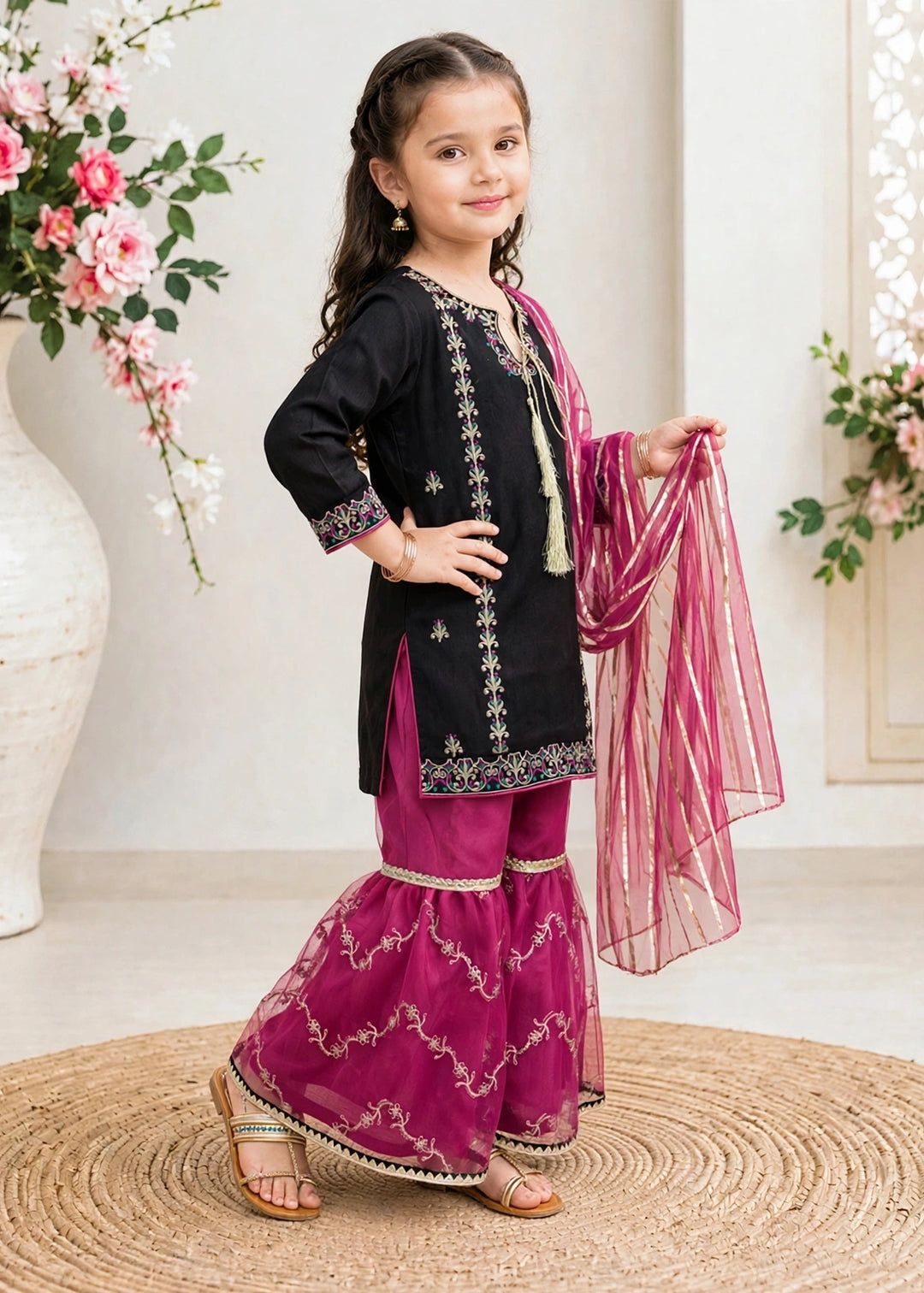 Modest Girls RTW Embroidered Raw Silk 3 Piece Suit Black Festive Collection