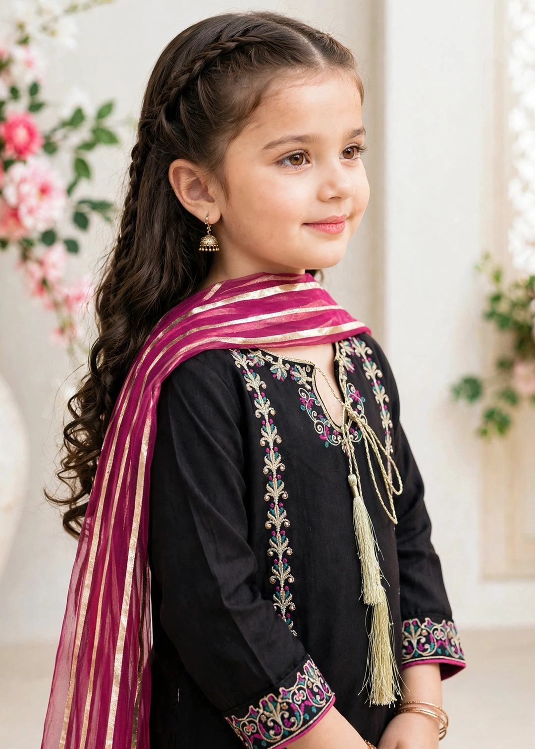 Modest Girls RTW Embroidered Raw Silk 3 Piece Suit Black Festive Collection