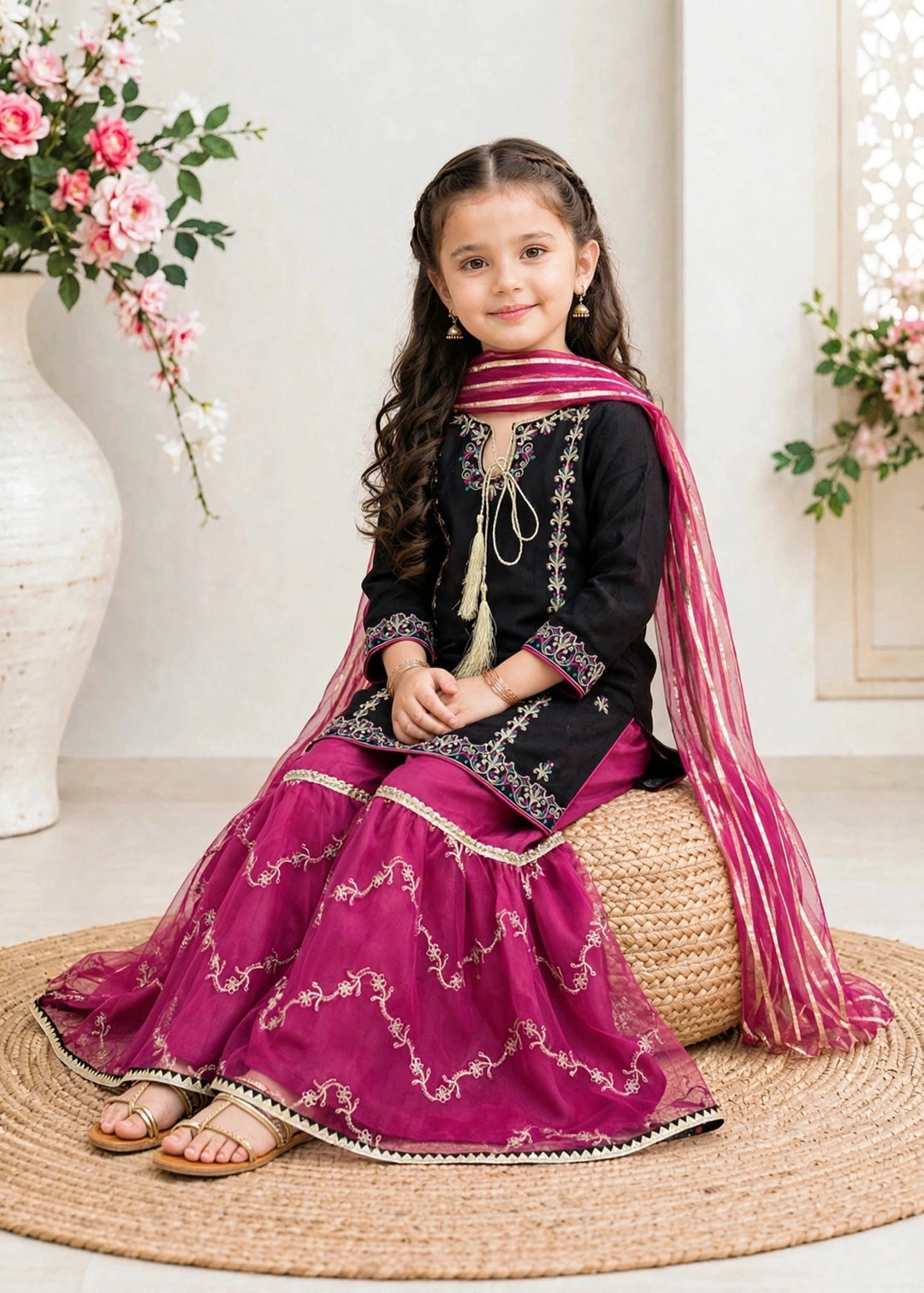 Modest Girls RTW Embroidered Raw Silk 3 Piece Suit Black Festive Collection