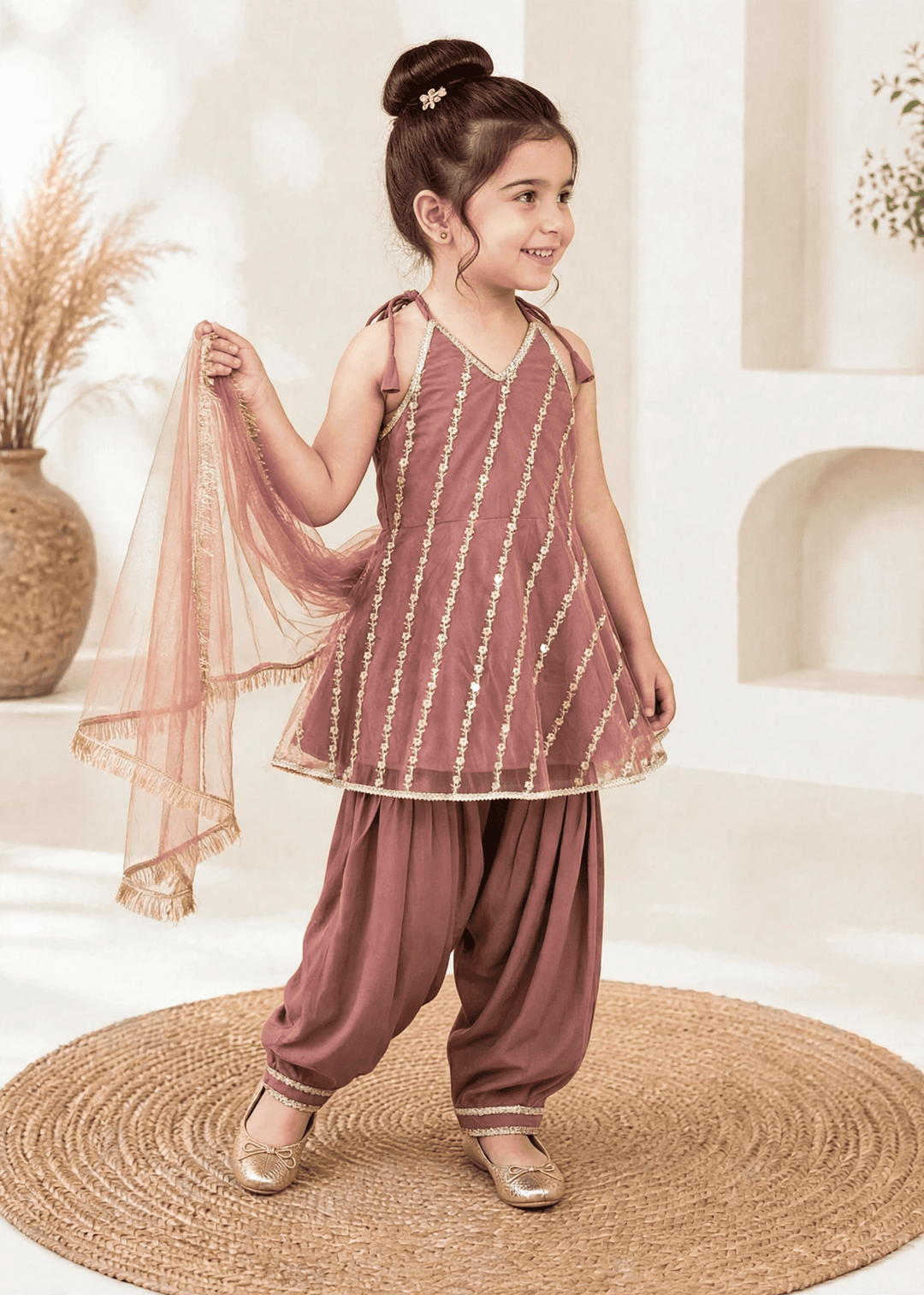 Modest Girls RTW Embroidered Net 3 Piece Suit Tea Pink Festive Collection