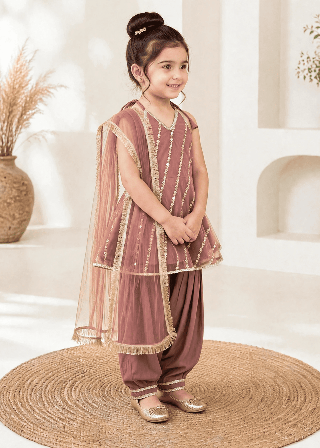 Modest Girls RTW Embroidered Net 3 Piece Suit Tea Pink Festive Collection