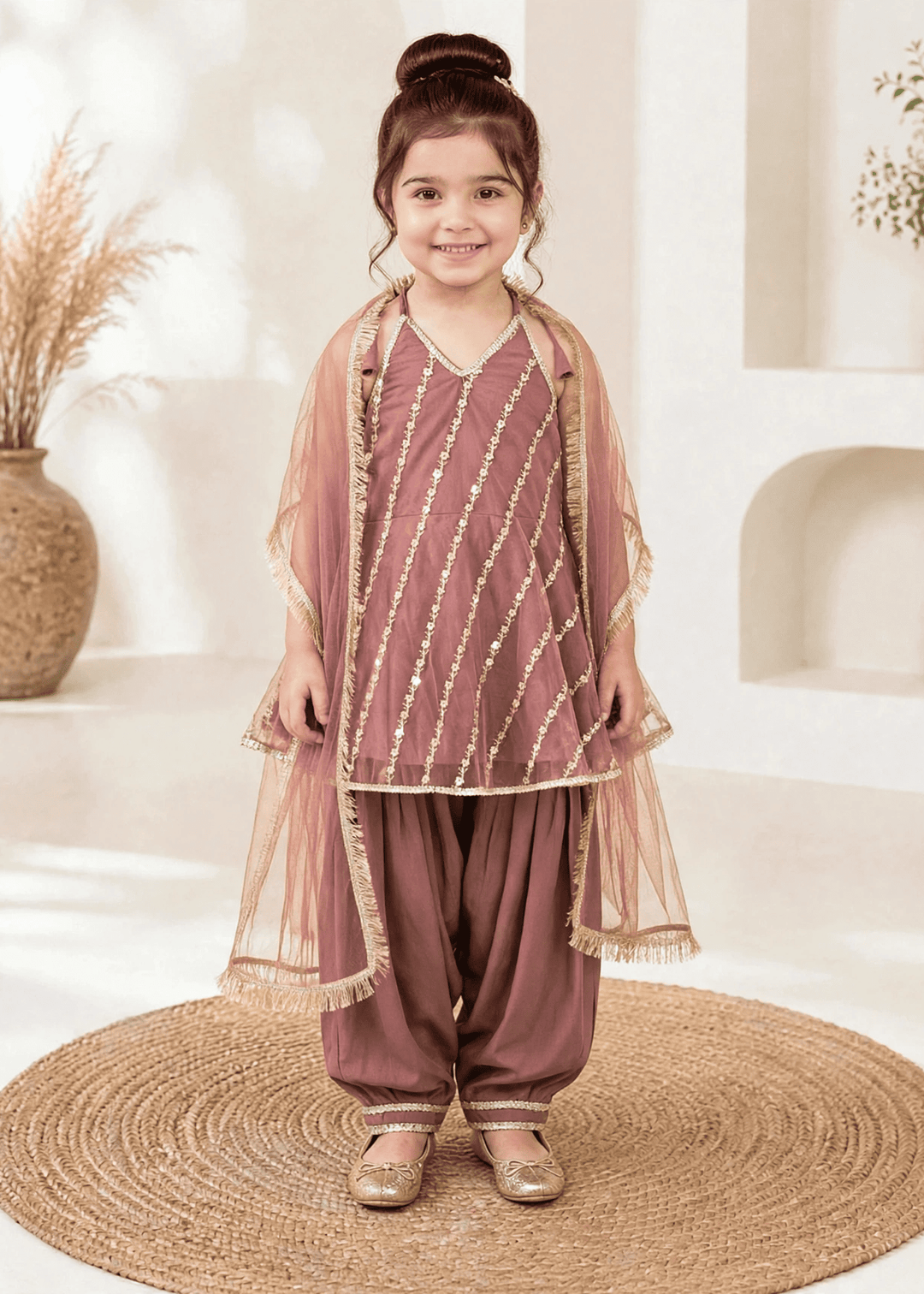 Modest Girls RTW Embroidered Net 3 Piece Suit Tea Pink Festive Collection