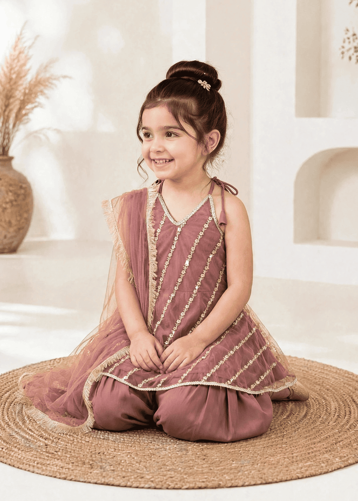 Modest Girls RTW Embroidered Net 3 Piece Suit Tea Pink Festive Collection