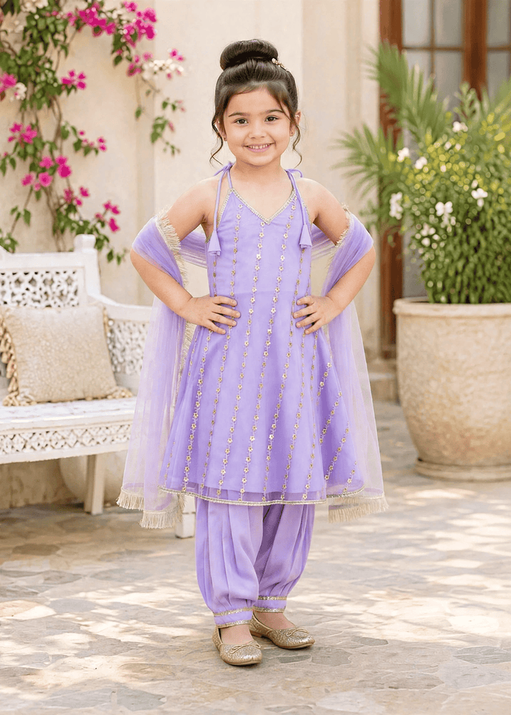 Modest Girls RTW Embroidered Net 3 Piece Suit Purple Festive Collection
