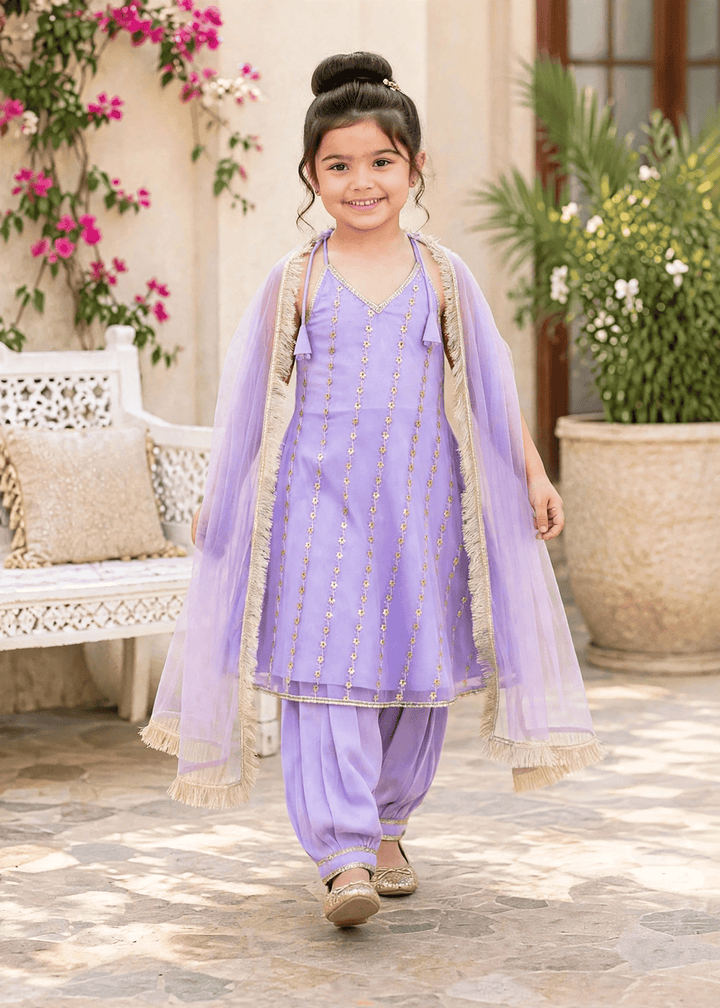 Modest Girls RTW Embroidered Net 3 Piece Suit Purple Festive Collection