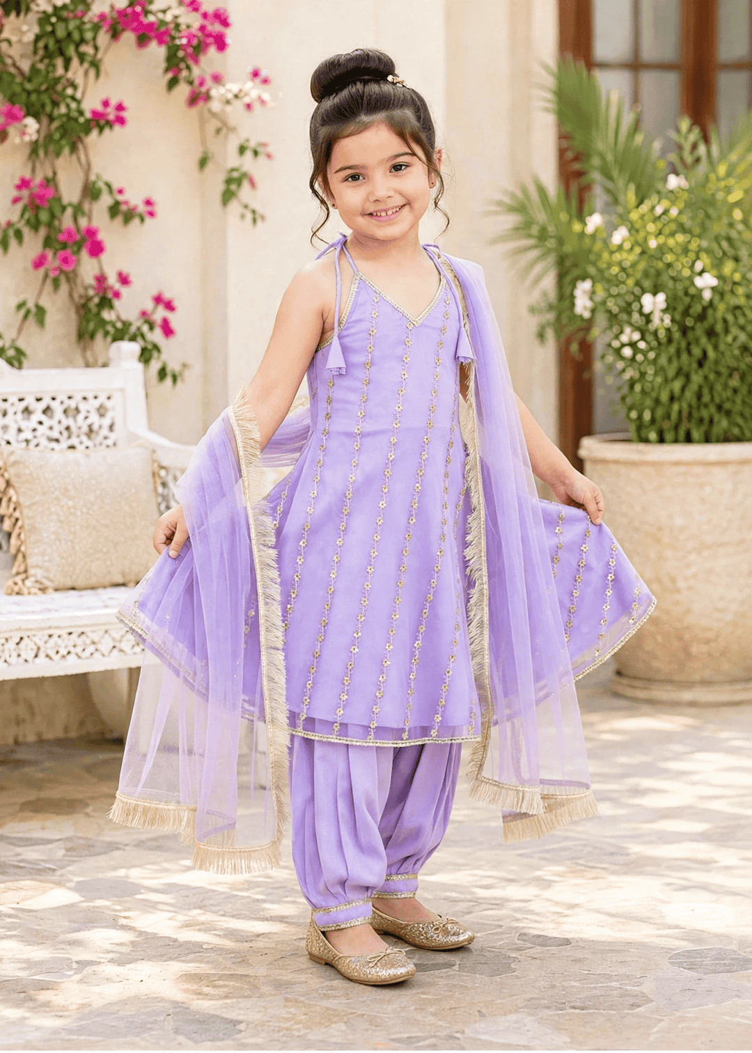 Modest Girls RTW Embroidered Net 3 Piece Suit Purple Festive Collection