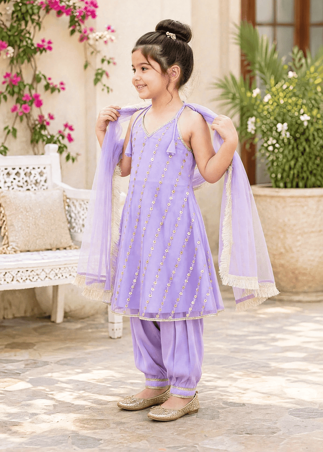 Modest Girls RTW Embroidered Net 3 Piece Suit Purple Festive Collection