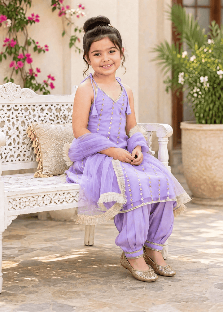 Modest Girls RTW Embroidered Net 3 Piece Suit Purple Festive Collection